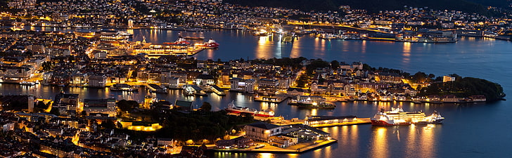 Bergen At Night Panorama, white and black boat, Europe, Norway