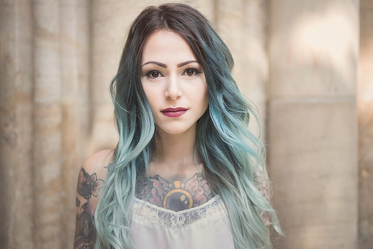 women, tattoo, pierced lip, dyed hair, blue hair, looking at viewer, HD wallpaper