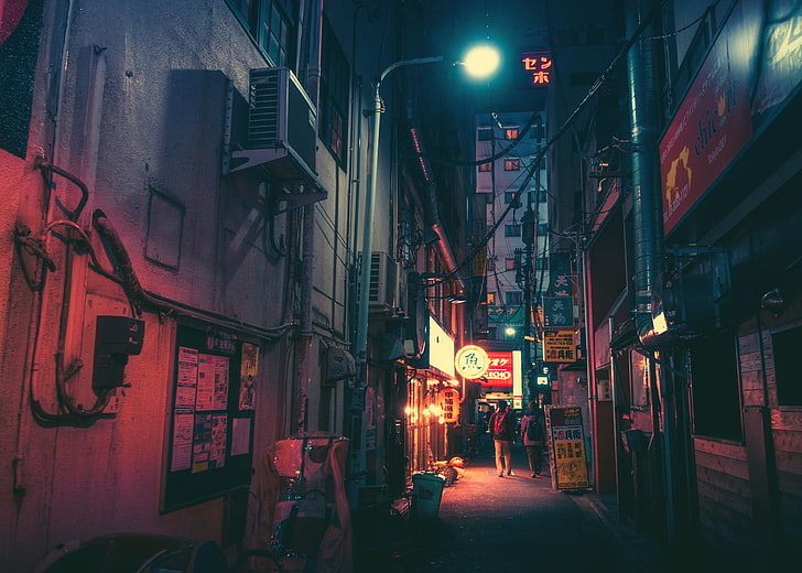 air condenser, Japan, street, neon, illuminated, architecture, HD wallpaper