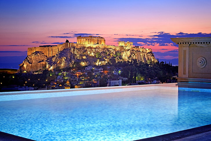 pool above the building near mountain during blue hour, Athens, HD wallpaper