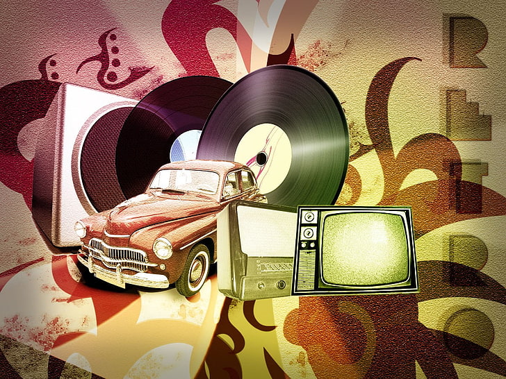 cars, vinyl record, and television artwork, sports car, old car