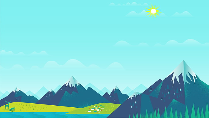 blue and green mountains illustration, forest, the sky, the sun
