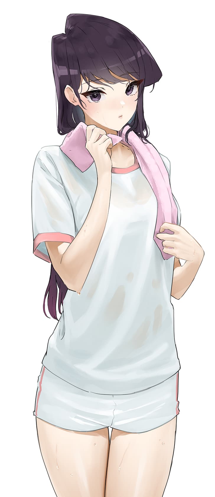 Komi-san wa, Comyushou desu., blushing, white clothing, rubbing with towel, HD wallpaper
