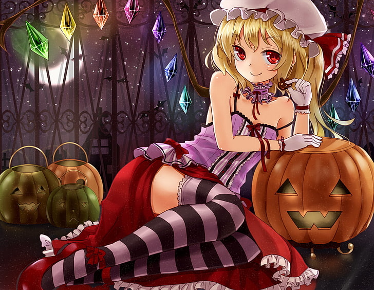 thigh-highs, anime, anime girls, Touhou, Flandre Scarlet, bare shoulders