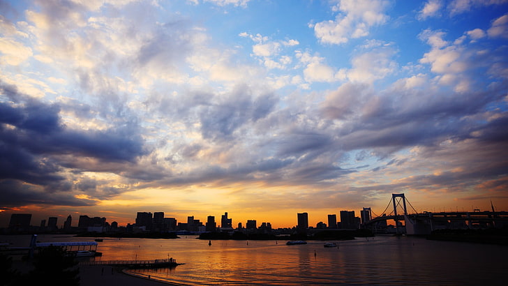 silhouette of city structures during sunset, cityscape, Tokyo