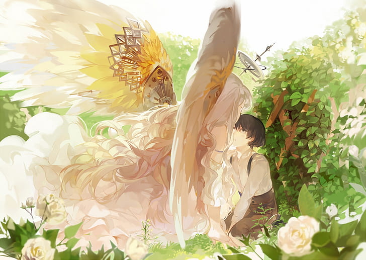 HD wallpaper: leaves, girl, flowers, roses, wings, angel, anime, art, guy |  Wallpaper Flare