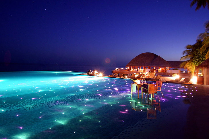 brown mountain, maldives, tropical, resort, evening, night, architecture