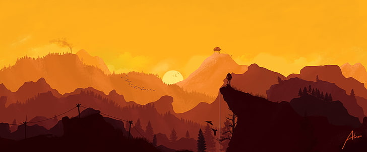 painting of mountains and trees, Firewatch, video games, landscape