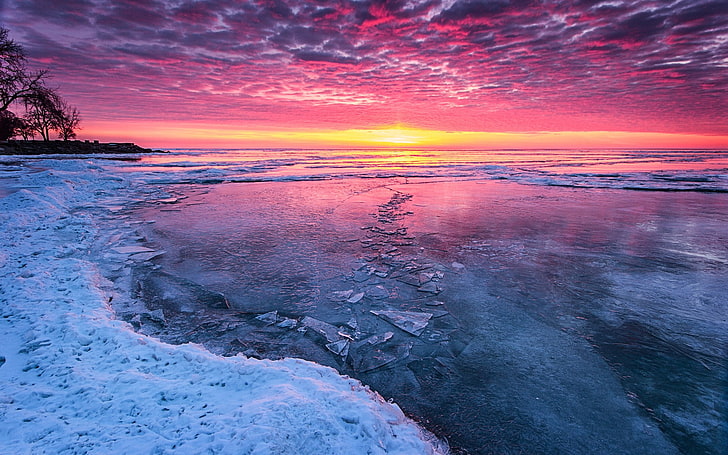 nature, landscape, snow, lake, ice, sunset, sky, beauty in nature