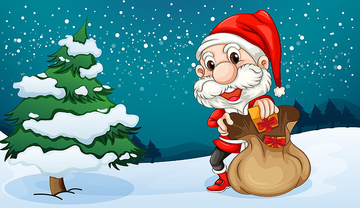 Santa Claus illustration, snow, vector, tree, new year, gifts, HD wallpaper
