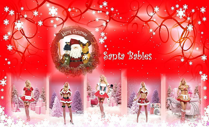 santa claus, girls, christmas, presents, snowflakes, inscription, HD wallpaper