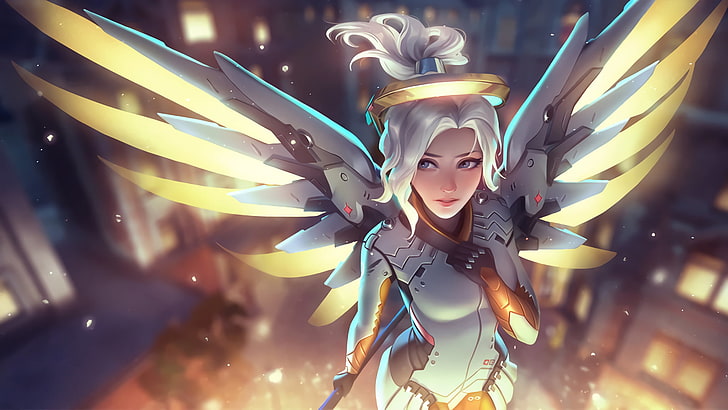 Overwatch Mercy wallpaper, angel, Mercy (Overwatch), wings, video games, HD wallpaper