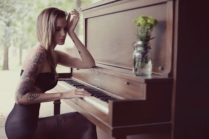 brown upright piano, girl, music, one person, young adult, young women, HD wallpaper