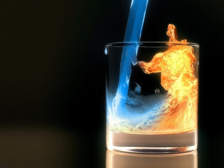 water, fire, glass, liquid, digital art