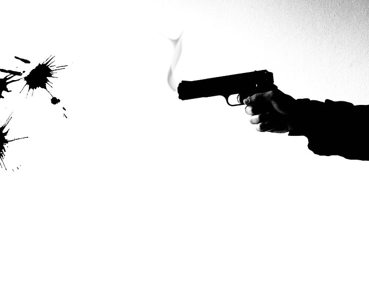 semi-automatic pistol, gun, copy space, hand, human hand, white background