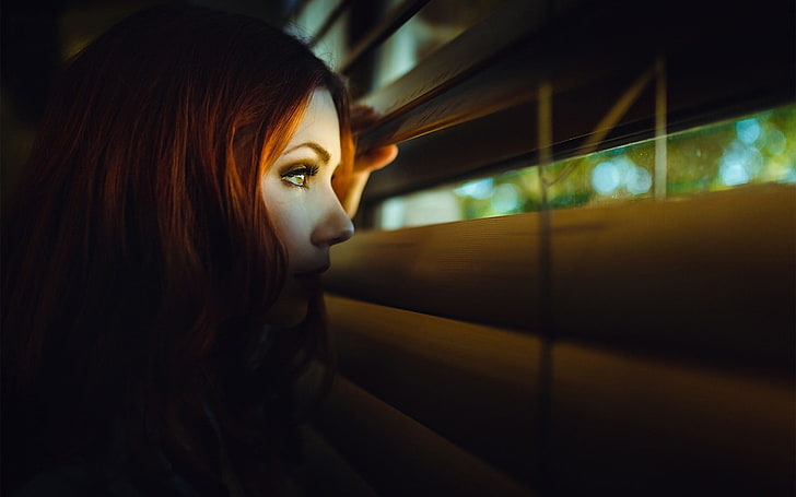 women, redhead, looking away, face, model, window, profile