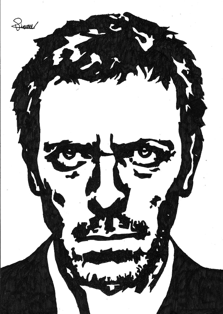 Gregory House, artwork, Hugh Laurie, portrait, indoors, front view