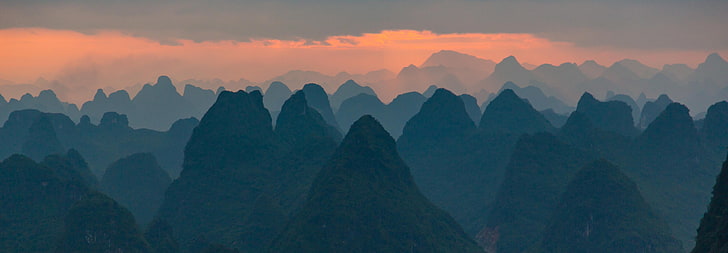mountain ranges, Guilin, China, mountains, sunrise, clouds, nature, HD wallpaper