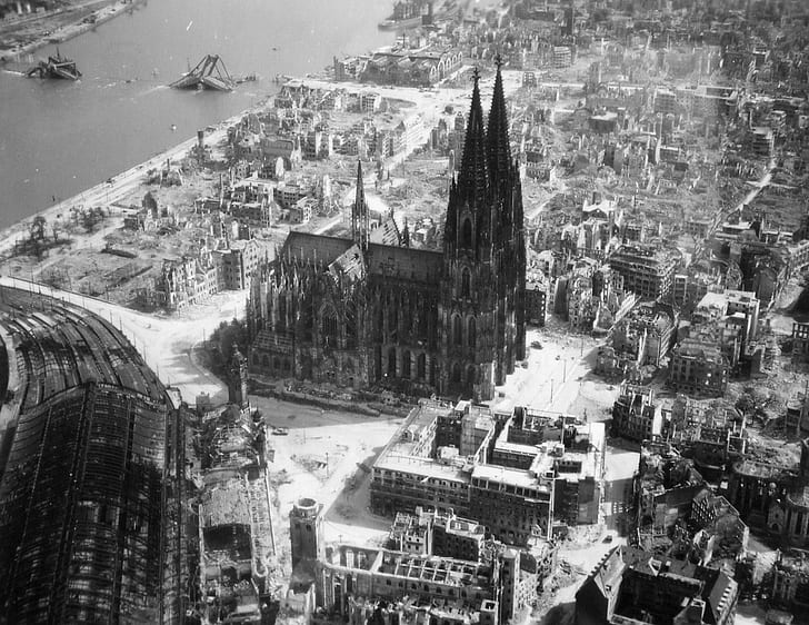 vintage, Cologne Cathedral, ruin, monochrome, World War II, HD wallpaper