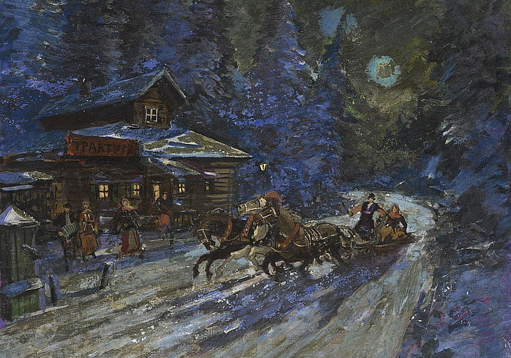 winter, night, picture, three, Konstantin Korovin, Moonlit Troika Ride, HD wallpaper