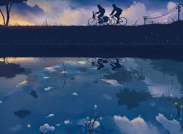 two people riding bicycles near body of water wallpaper, the sky