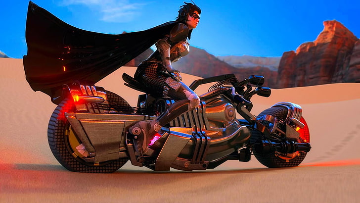 animated lady wearing black cape riding motorcycle on desert during daytime, HD wallpaper
