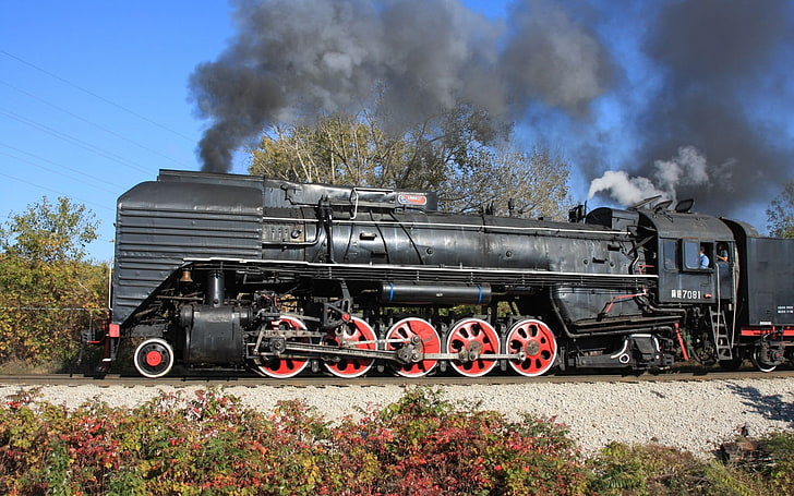 black locomotive train, steam locomotive, outdoors, railway, steam train