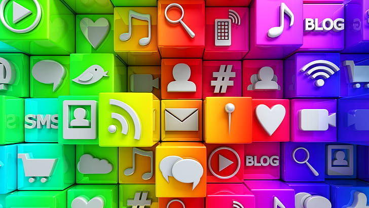 icons, social media, multiocolored, colorful, 3d, cubes, 8k uhd