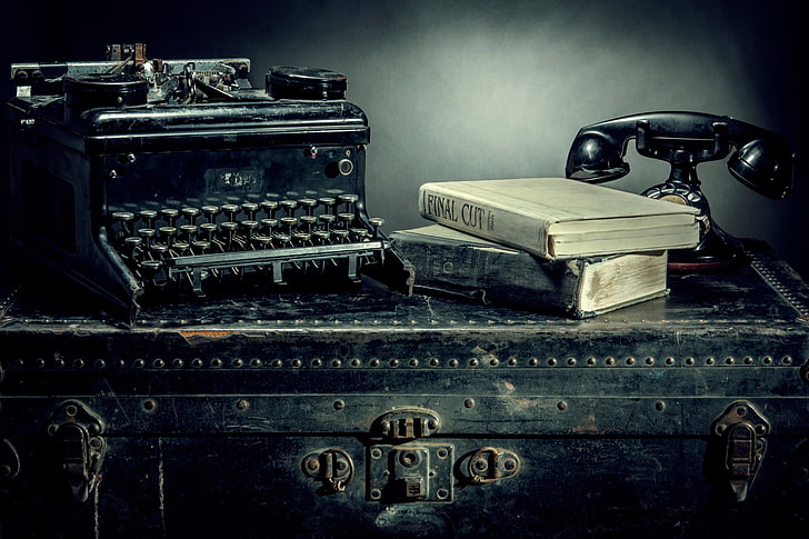 typewriter, rotary phone, and two books still-life painting, Vintage, HD wallpaper