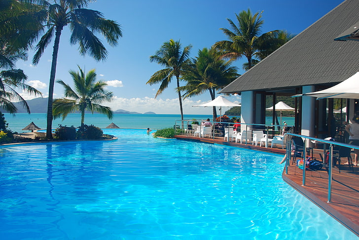 swimming pool, tropics, sea, palm trees, vacations, luxury, hotel, HD wallpaper