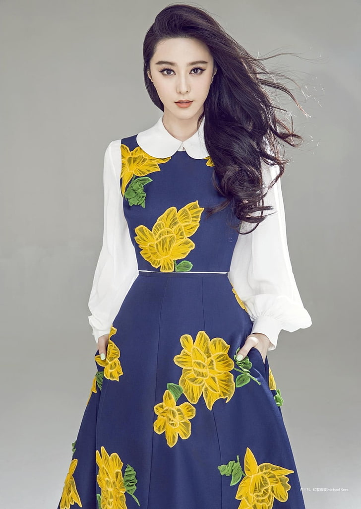 women's blue and yellow floral dress, Asian, Fan Bingbing, beauty