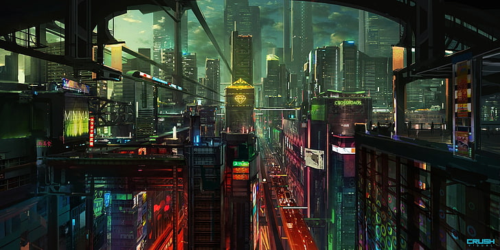 cityscape digital wallpaper, cyberpunk, night, skyscraper, lights