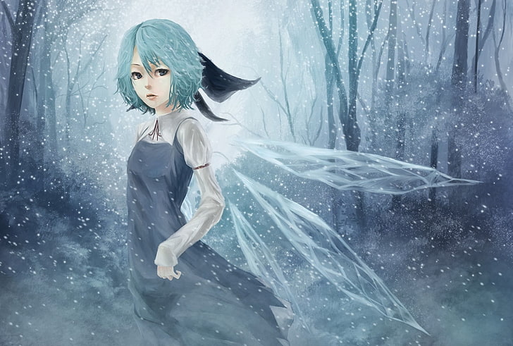 anime girls, Cirno, Touhou, blue hair, wings, one person, women