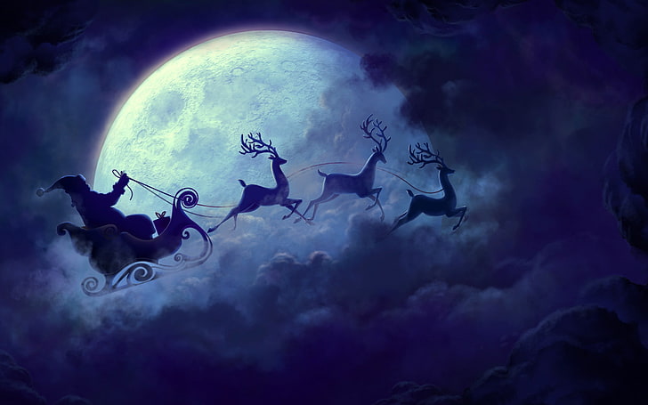 Santa Claus and deer digital wallpaper, Christmas, Moon, Christmas sleigh, HD wallpaper