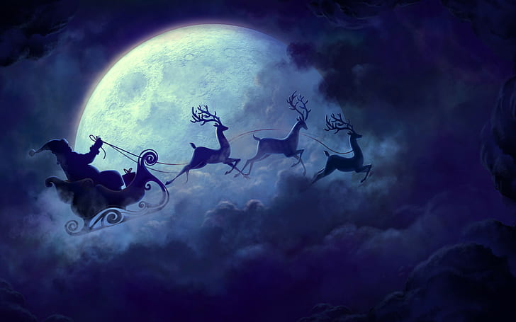 Christmas sleigh, Santa Claus, clouds, reindeer, Moon