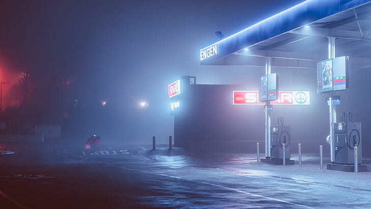 Elsa Bleda, night, street light, Gas station, long exposure