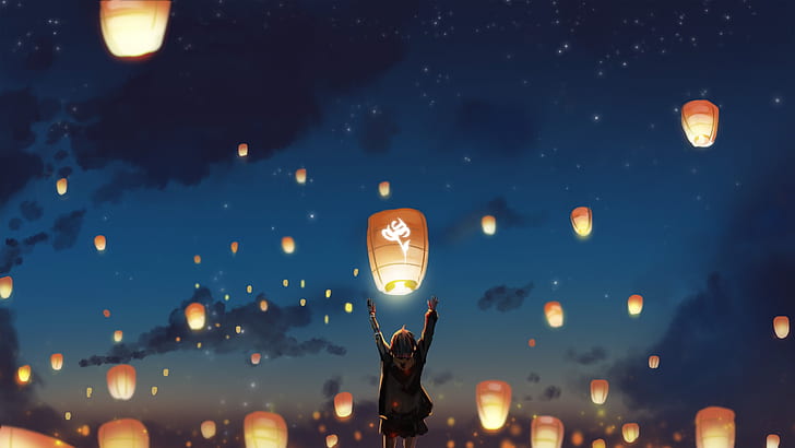 Anime, Original, Lantern, Night, Sky, HD wallpaper