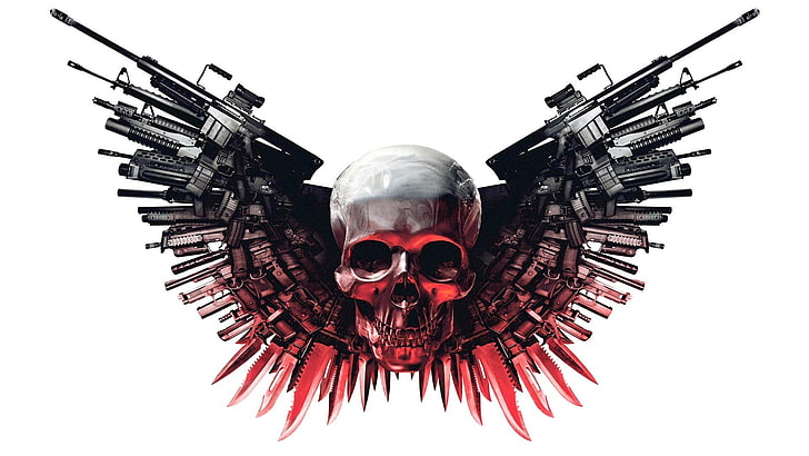 The Expendables, weapon, gun, skull, white background, studio shot