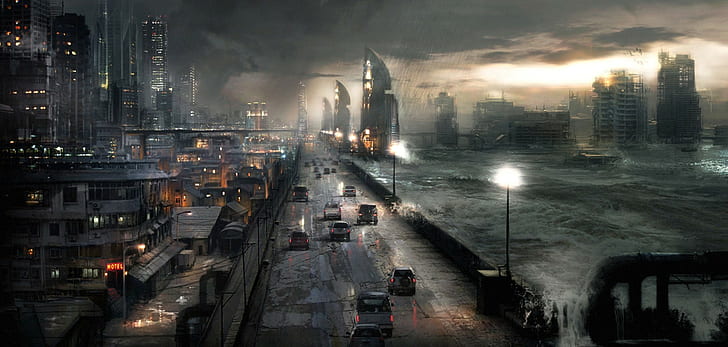 City, Flood, Road, Cars, Night, 2048x975, HD wallpaper