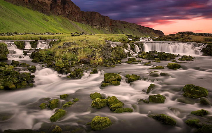 Nature Mountains Iceland Lovely Waterfall, Rocks With Green Moss Sky With Dark Clouds Desktop Wallpaper Download Free