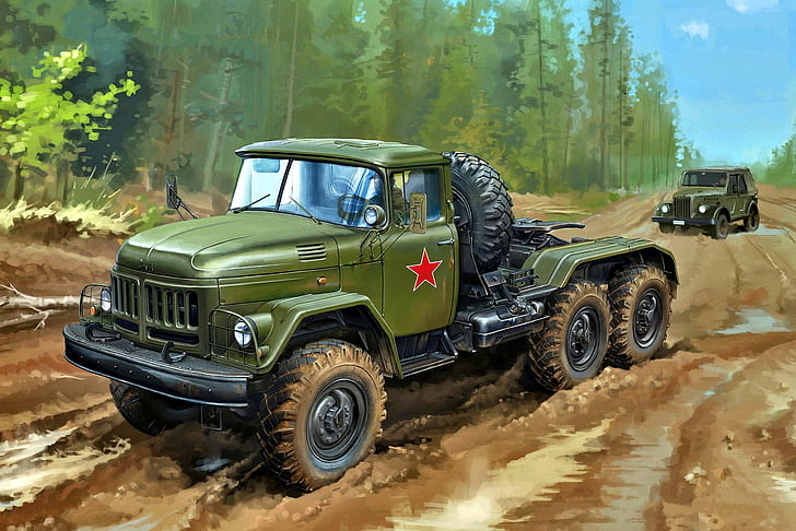 Forest, USSR, ZIL, GAZ-69, Dirt road, ZIL-131В, Tractor, HD wallpaper