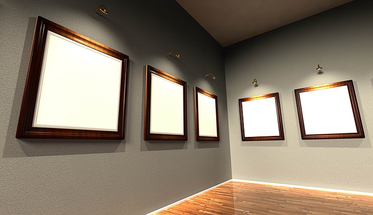 five brown wooden frames, gallery, room, photos, paintings, wall