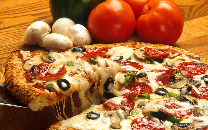 Hawaiian pizza, delicious, food, olives, mushrooms, cheese, tomato