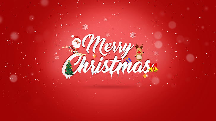 happy, festive, christmas, red background, snowflake, santa, christmas tree, HD wallpaper