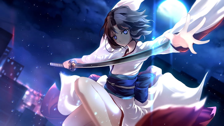 anime, anime girls, women with swords, katana, moon rays, blue eyes, HD wallpaper