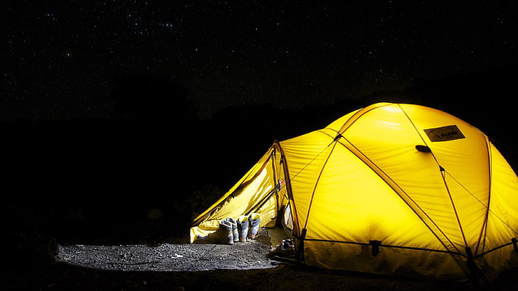 yellow dome tent, camping, night, stars, shoes, illuminated, adventure