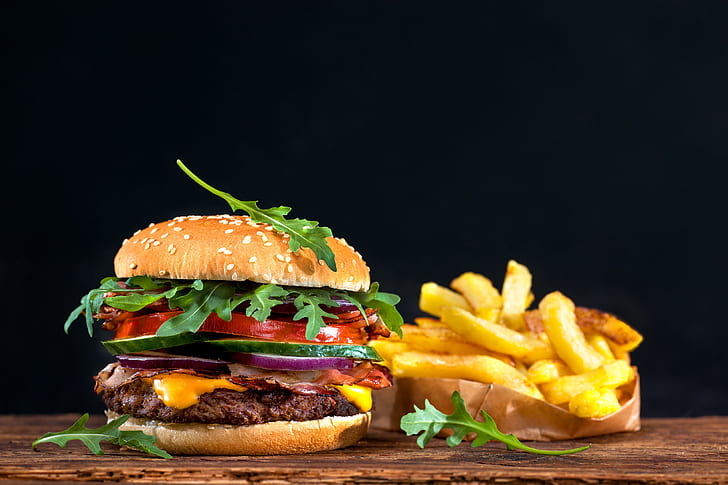 black background, sandwich, hamburger, bokeh, fast food, French fries