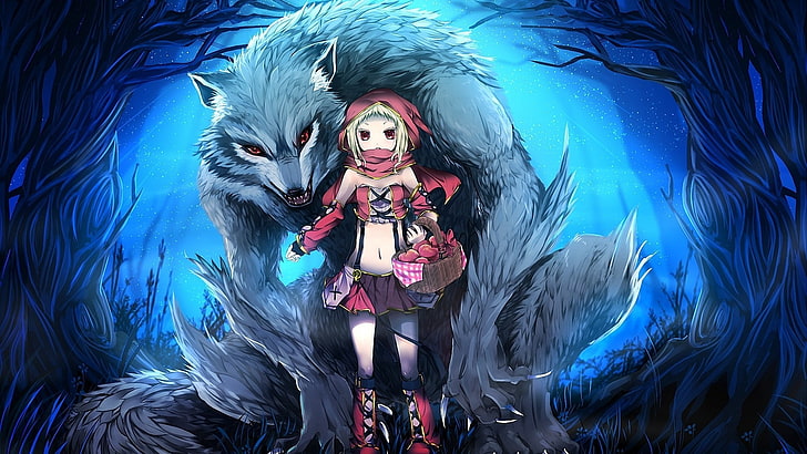 anime girls, werewolves, Little Red Riding Hood, fantasy girl