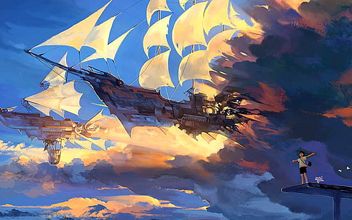 HD wallpaper: fly, ship, anime, illustration, art, blue, nature