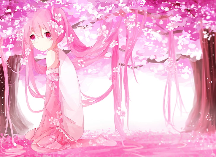 4098x768px | free download | HD wallpaper: pink-haired anime girl sitting  under the cherry blossom trees | Wallpaper Flare